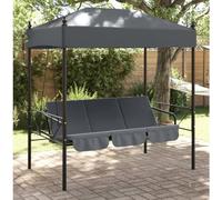 Dondolo 2 in 1 con tettuccio grigio scuro, panca da giardino in acciaio per 2-3 persone, pieghevole come comodo letto, telaio in acciaio verniciato a polvere, tettuccio parasole in poliestere