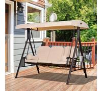 Dondolo 3 Posti con Tetto Regolabile, Portabicchieri e Cuscini, in Metallo e Poliestere, 208x121x172 cm, Beige