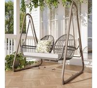 Dondolo da giardino, altalena Hollywood con schienale, set di mobili da giardino per esterni, doppia altalena in rattan sintetico, 2 posti (telaio marrone chiaro e cuscini beige)