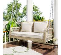 Dondolo Hollywood, dondolo da giardino, set di mobili da esterno, in rattan grigio, 2 posti, con cuscino per seduta e cuscino per schienale (beige)