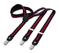 DonDon Bretelle da uomo eleganti strette 2,5 cm con 3 clip extra forti e toppa in pelle a righe blu e rosse
