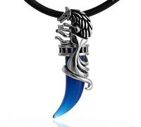 DonDon Collana da Uomo in Cuoio Pelle 50 cm con Pendente in Acciaio Inossidabile Lupo Dent Blu