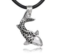 DonDon Collana da uomo in pelle da 50 cm con ciondolo a forma di pesce portafortuna Koi, in acciaio inox, in sacchetto di velluto, Pelle