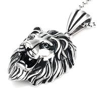 DonDon - Collana da uomo in pelle o in acciaio inox e ciondolo con leone in acciaio inossidabile, in sacchetto per gioielli, acciaio inossidabile, colore: argento, cod. AM04-EM52_us2