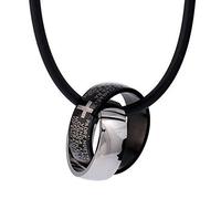 DonDon - Collana in gomma con due anelli in acciaio inox con croce incisa in un sacchetto di velluto nero