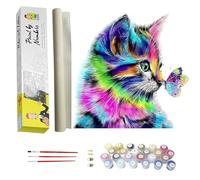 DonElton Dipingere con i numeri, gatto - Set con tela prestampata, 3 pennelli e colori acrilici colorati - Dipingere fai da te con i numeri,