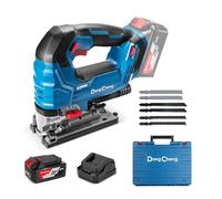 Dong Cheng Seghetto Alternativo 18V Senza Spazzole | Pendolo 800-3500 SPM | Taglio 0-45° | 6 Velocità | Con Doppio LED, Soffiatore, Batteria 4Ah, Caricabatteria, 6 Lame & Valigetta