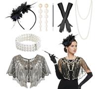 Dongcill Costume da donna anni '20, 8 pezzi, accessori per vestito anni '20, con copricapo, guanti, collana, orecchini, per carnevale, Halloween