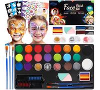 DONGQI Truccabimbi Kit,20 Colori Body Paint Pittura Viso Sicuro e Non Tossico,Color Body Paint Trucchi Neon con 34 Stencil,Glitter,Capelli Gesso,Gemma,Pennelli,Truccabimbi per Festa,Pasqua,Halloween