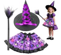 DONGZQAN Costume da Strega di Halloween, 3 Pezzi, Ragazzi, Unisex, Costume da Strega con Gonna a Soffio, Manico per Scopa e Cappello da Strega, Accessori