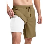 donhobo Costume da bagno da uomo 2 in 1, con fodera a compressione, 9", elasticizzato, ad asciugatura rapida, traspirante, per uomo, elastico, con chiusura lampo, cachi, L