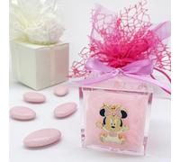Doni Bomboniere 10 Scatoline portaconfetti in plexiglass Trasparente 5x5x5 con Ciondolo Charm Disney di Baby Minnie Mouse con Tutina Rosa e Oro. Bomboniera utile per Nascita, Battesimo Bimba