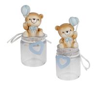 Doni Bomboniere Battesimo 1 pz Barattolo con Orsetto Palloncino Primo Compleanno A Cuoricino tra Le Mani Seduto sul Tappo in Sughero al Collo del Ãˆ Legato Un Celeste Idee Regalo Complete Originali