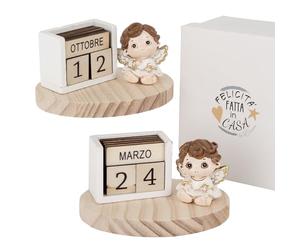 Doni Bomboniere Battesimo 1 pz Calendario Perpetuo con Base in Comunione Cresima Legno E Tenero Angioletto Assortito Due Varianti di Posizione Idee Regalo Complete Originali Economiche