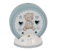 Doni Bomboniere Battesimo 1 pz Lampada LED A Forma di Compleanno Cerchio con Trafori E Orsetto Centrale Fiocco Celeste Base Decorata Stelline Idee Regalo Complete Originali Economiche