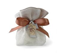 Doni Bomboniere Battesimo 12 pz Sacchettini in Bianco con Applicazione Argento e Legnetto Sacra Famiglia Comunione Bimbo Segnaposto Confettata Bambina Traguardo Fai da Te