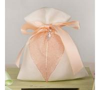 Doni Bomboniere Battesimo 12PZ Linea Foglia Bag Sacchettino Bianco Prima Comunione Santa Cresima Matrimonio Anniversario Porta Confetti con Fiocchetto E Doppio Ciondolo A Forma di Color Pesca Una