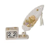 Doni Bomboniere Comunione 1 pz Calendario Perpetuo con Scritta Prima Bambino Bambina Femmina Maschio Bimbo Bimba Complete Originali Economiche sulla Penna del Calamaio Sono Raffigurati I Simboli Sacri