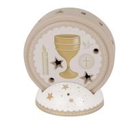Doni Bomboniere Comunione 1 pz Lampada LED A Forma di Cerchio con Trafori E Base Decorata Stelline all'Interno del Sono Presenti I Simboli Sacri Sacramento Idee Regalo Complete Originali Economiche