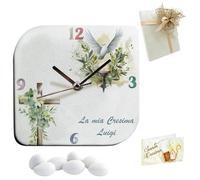 Doni Bomboniere Comunione 1 pz Orologio in Ecopelle con Stampa Croce e Colomba con Fiori Simboli Sacri Cresima Bambino Bambina Personalizzabile Artigianale Idee Moderno (MOD. 05-12 x 12 cm)