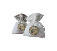 Doni Bomboniere Comunione 12 pz Sacchettini Porta Confetti in Cotone Colore Bianco e Tortora con Rete con Simboli Sacri Comunione Ideali Segnaposto Evento Bimbo Bimba Economico Fai da Te