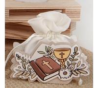 Doni Bomboniere Comunione 6PZ Scatolina Portaconfetti in Legno con Simboli Sacri Maschio Femmina Bimba Sacchetto Pensierino Gadget Fine Festa Bimbo Idee Regalo Complete Originali Economiche