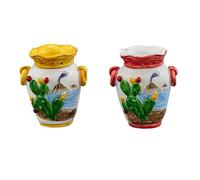Doni Bomboniere Matrimonio 12PZ Anfora Assortita in Due Modelli Segnaposto Cactus Simboli Sicilia Vulcano Nozze Feste A Tema con Bordo E Manici Gialli O Rossi Raffigurazione di Un Cacrus Sfondo Marec