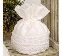 Doni Bomboniere Prima 12PZ Sacchetto Portaconfetti Tondo Bianco con Comunione Santa Cresima Matrimonio Anniversario Pizzo nella Parte Inferiore Idee Regalo Complete Originali Economiche