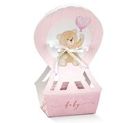 Doni Bomboniere Scatolina portaconfetti a Forma di Mongolfiera di Colore Rosa con Orsetto 6 x 4 x h 14,5 cm Confezione 10 pz