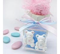 Doni Bomboniere Scatolina portaconfetti in plexiglass Trasparente 5x5x5 con gessetti Orsetto con Dettagli Rosa o Celeste. Bomboniera Perfetta per confettata Nascita, Battesimi Gemelli. (MF)