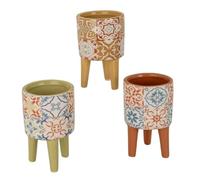 Doni Bomboniere Set 1 pz Vaso in Terracotta con Piedistallo in Legno e Decoro Maiolica Siciliana - Porta Piantine Succulenti Cactus - Regalo Bomboniere Evento