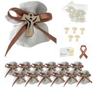 Doni Bomboniere Set Battesimo 12 Sacchettini Panna e Beige con Ciondolo Tao in Legno Bustine Confetti Bigliettini Personalizzabili Confettata Comunione Bimbo Bimba Cresima Fai da Te
