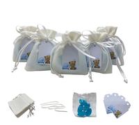 Doni Bomboniere Set Battesimo Bimbo 12 Sacchetti Juta Bianco Portaconfetti con Tag con Orsacchiatto Celeste Personalizzabile Bustine Confetti Celeste al Cioccolato Kit Fai da Te Compleanno Nascita