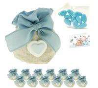 Doni Bomboniere Set Battesimo Bimbo 12 Sacchettini Portaconfetti Celeste in Juta Fiocco e Cuore Bustine Confetti Bigliettini Personalizzabili Kit Fai da Te Primo Compleanno Battesimo Gadget