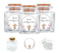 Doni Bomboniere Set Bomboniere Comunione Bimba 12PZ Barattolini in Vetro 4x4x4 Portaconfetti Trasparenti Tappo Sughero 12PZ Adesivi Personalizzabili 12PZ Bustine Confetti Festa Gadget Cresima Evento