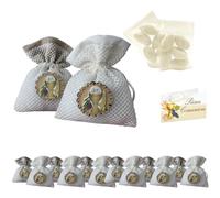 Doni Bomboniere Set Comunione 12 Sacchetti Portaconfetti in Cotone Bianco Tortora Rete Simboli Sacri con Bustine Confetti Bianchi al Cioccolato Made in Italy Bigliettini Personalizzabili Confettata