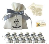 Doni Bomboniere Set Comunione 12 Sacchetti Portaconfetti in Cotone Fiocco e Targhetta Simboli Sacri Comunione con Bustine Confetti Bianchi Cioccolato Bigliettini Personalizzabili Confettata