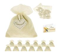 Doni Bomboniere Set Comunione 12 Sacchettini Portaconfetti Cotone Misto Juta con Fiocco e Cuore Bustine Confetti Bianchi al Cioccolato Made in Italy Bigliettini Personalizzabili Gadget Confettata