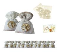 Doni Bomboniere Set Cresima 12 Sacchetti Portaconfetti in Cotone Bianco Tortora con Rete Simboli Sacri con Bustine Confetti Bianchi al Cioccolato Made in Italy Bigliettini Personalizzabili Confettata