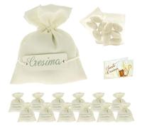 Doni Bomboniere Set Cresima 12 Sacchettini Portaconfetti in Cotone Bianco con Scritta Cresima con Bustine Confetti Bianchi al Cioccolato Made in Italy Bigliettini Personalizzabili Gadget Confettata