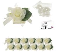 Doni Bomboniere Set Matrimonio 12 Sacchetti Cotone di Colore Bianco con Fiore e Fiocco Bianco Bustine Confetti Bianchi Bigliettini Personalizzabili Segnaposto Sposi Confettata Nozze Gadget Fai da Te