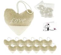 Doni Bomboniere Set Matrimonio 12 Sacchettini Juta e Cotone Cuore con Scritta Ricamata Love Bustine Confetti Bianchi Bigliettini Personalizzabili Segnaposto Sposi Confettata Nozze Gadget Fai da Te