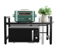 DONJIM Mensola Microonde Estensibile, Supporto per Microonde Salvaspazio 2 Livelli, Scaffale da Cucina Organizzatore, Ripiano Espandibile per Microonde con 6 Ganci, Allungabile da 40 a 63 cm, Nero