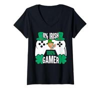 Donna 0% Irish 100% Gamer Saint Patty Videogioco Divertente Gaming Maglietta con Collo a V