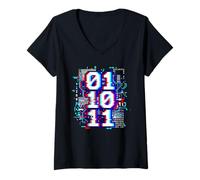 Donna 01 10 11 Binario Glitch Art Coding Programmatore Umorismo Maglietta con Collo a V