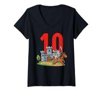 Donna 10 Anni Bambini Compleanno Guerriero Ragazzo Cavaliere Medievale Maglietta con Collo a V