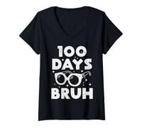 Donna 100 Days Bruh Occhiali da Sole 100th Day of School Meme Ragazze Bambini Maglietta con Collo a V