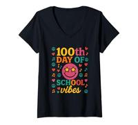 Donna 100th Day of School Vibes Retro Groovy Star Eyes Festa Maglietta con Collo a V