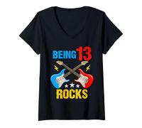 Donna 13° compleanno musica rock compleanno ragazzo musicista festa bambini Maglietta con Collo a V