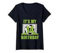 Donna 14 anni di calcio 14 ° compleanno giocatore bambini B-day Party Maglietta con Collo a V